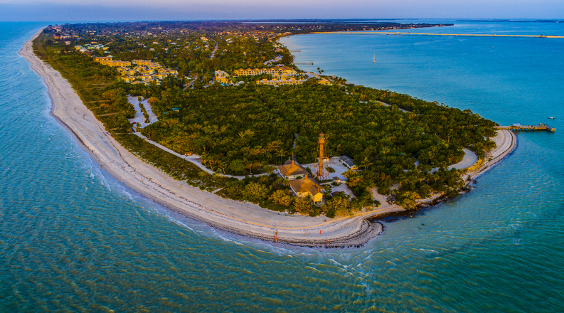 sanibel island aerial view in southwest florida surrounded by gulf of mexico